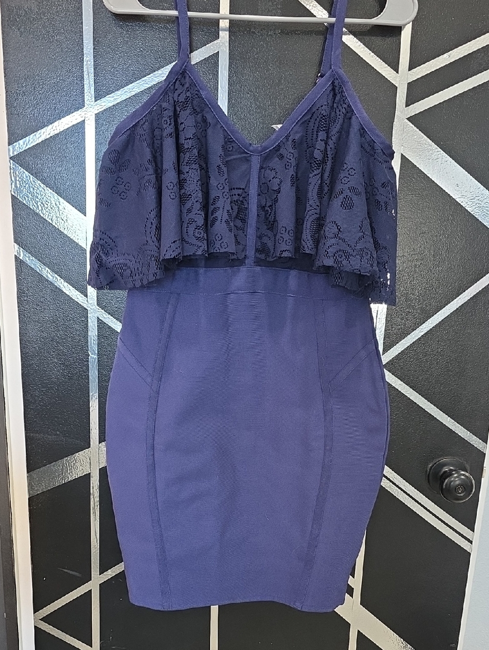 VENUS Navy Lace Ruffle Spaghetti-Strap Mini Dress